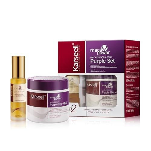 Karseell Lila Haarmaske und Arganöl Set für blondes, silbernes und graues Haar – Anti-Gelbstich Tiefenpflege für coloriertes, gebleichtes oder gesträhntes Haar, 500 ml und 50 ml