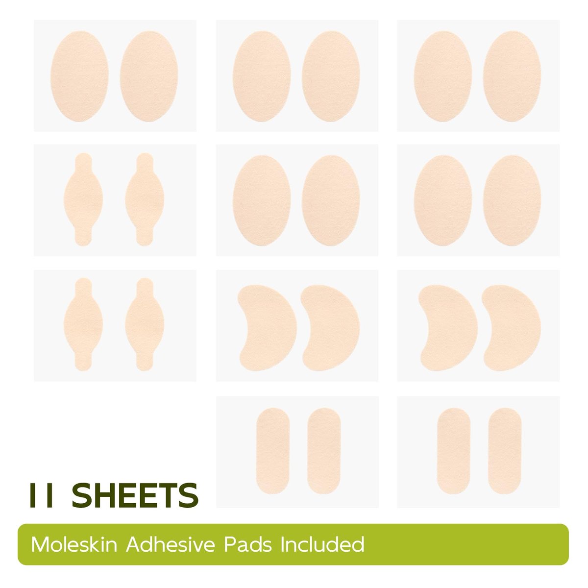 Bukihome Moleskin Pads für Füße – Blasenprävention und Druckentlastung – 11 Bögen mit 4 Formen (22 Stück, Beige)