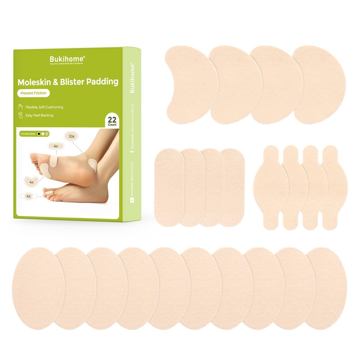 Bukihome Moleskin Pads für Füße – Blasenprävention und Druckentlastung – 11 Bögen mit 4 Formen (22 Stück, Beige)