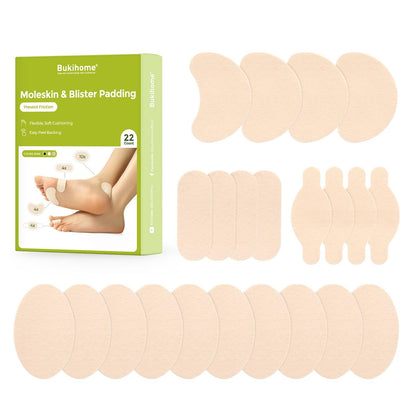 Bukihome Moleskin Pads für Füße – Blasenprävention und Druckentlastung – 11 Bögen mit 4 Formen (22 Stück, Beige)