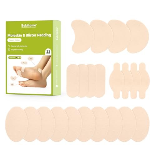Bukihome Moleskin Pads für Füße – Blasenprävention und Druckentlastung – 11 Bögen mit 4 Formen (22 Stück, Beige)