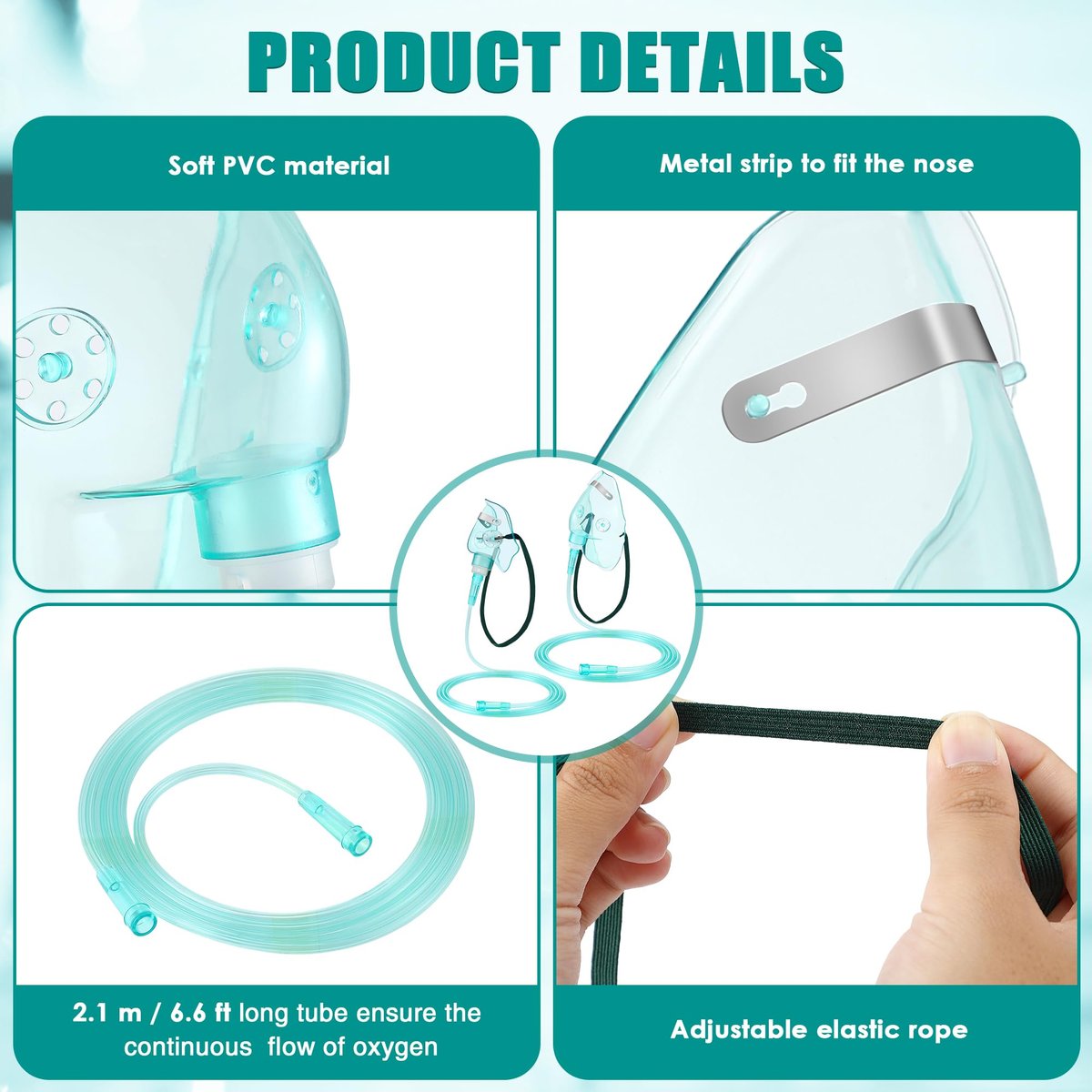 Geiserailie 2er-Pack Sauerstoffmaske M/L mit 2m Schlauch und verstellbarem elastischem Band, Erwachsenen-Sauerstoffmaske mit Schlauch, Atemmaske für Erwachsene