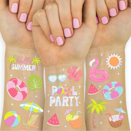 xo, Fetti Pool Party Temporäre Tattoos – 68 Irideszenz-Folien-Stücke | Sommer-Geburtstagszubehör, Kinder-Wasserpark-Partygeschenk, süße Strandaktivität