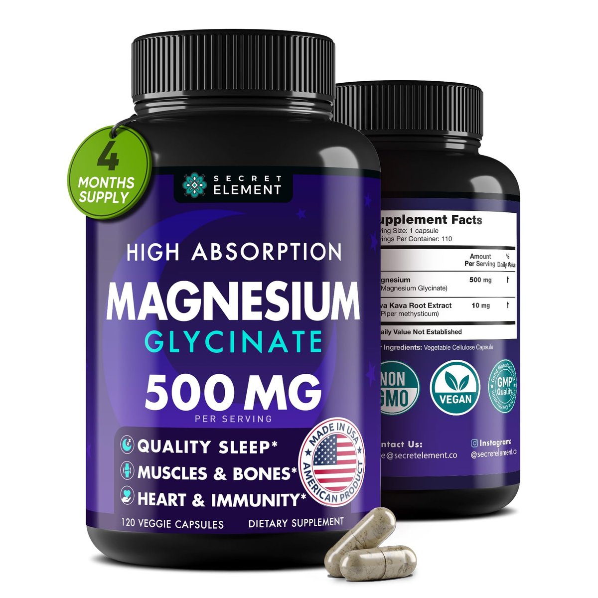 Magnesium Glycinat 500 mg Kapseln – Magnesium für Erwachsene & Kinder mit Kava Kava, hohe Bioverfügbarkeit, vegan & nicht-GVO, 120 Kapseln
