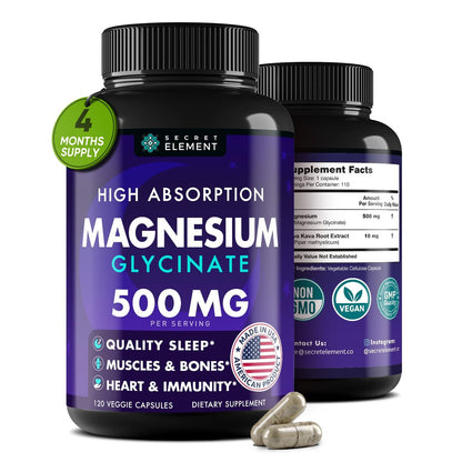 Magnesium Glycinat 500 mg Kapseln – Magnesium für Erwachsene & Kinder mit Kava Kava, hohe Bioverfügbarkeit, vegan & nicht-GVO, 120 Kapseln