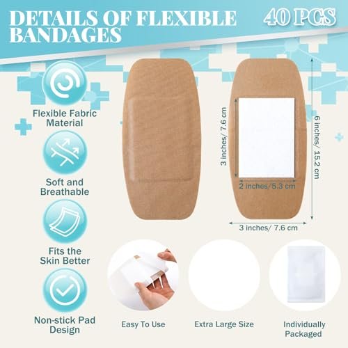 Geiserailie 40 Stück extra große flexible Pflaster 6x3 Zoll Stoffpflaster mit nicht klebendem Pad, latexfrei, schmerzfreies Entfernen für Wundversorgung und Erste Hilfe