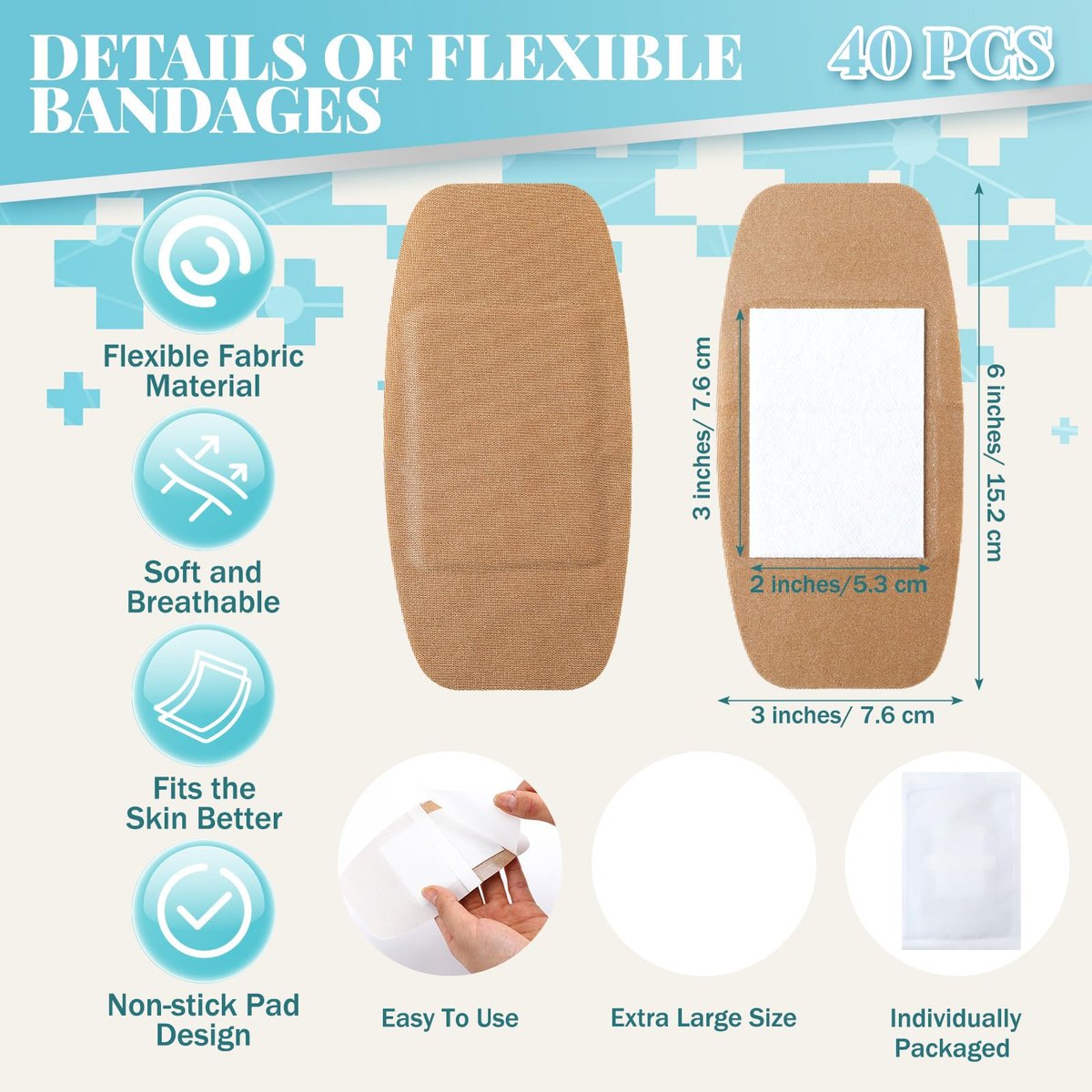 Geiserailie 40 Stück extra große flexible Pflaster 6x3 Zoll Stoffpflaster mit nicht klebendem Pad, latexfrei, schmerzfreies Entfernen für Wundversorgung und Erste Hilfe