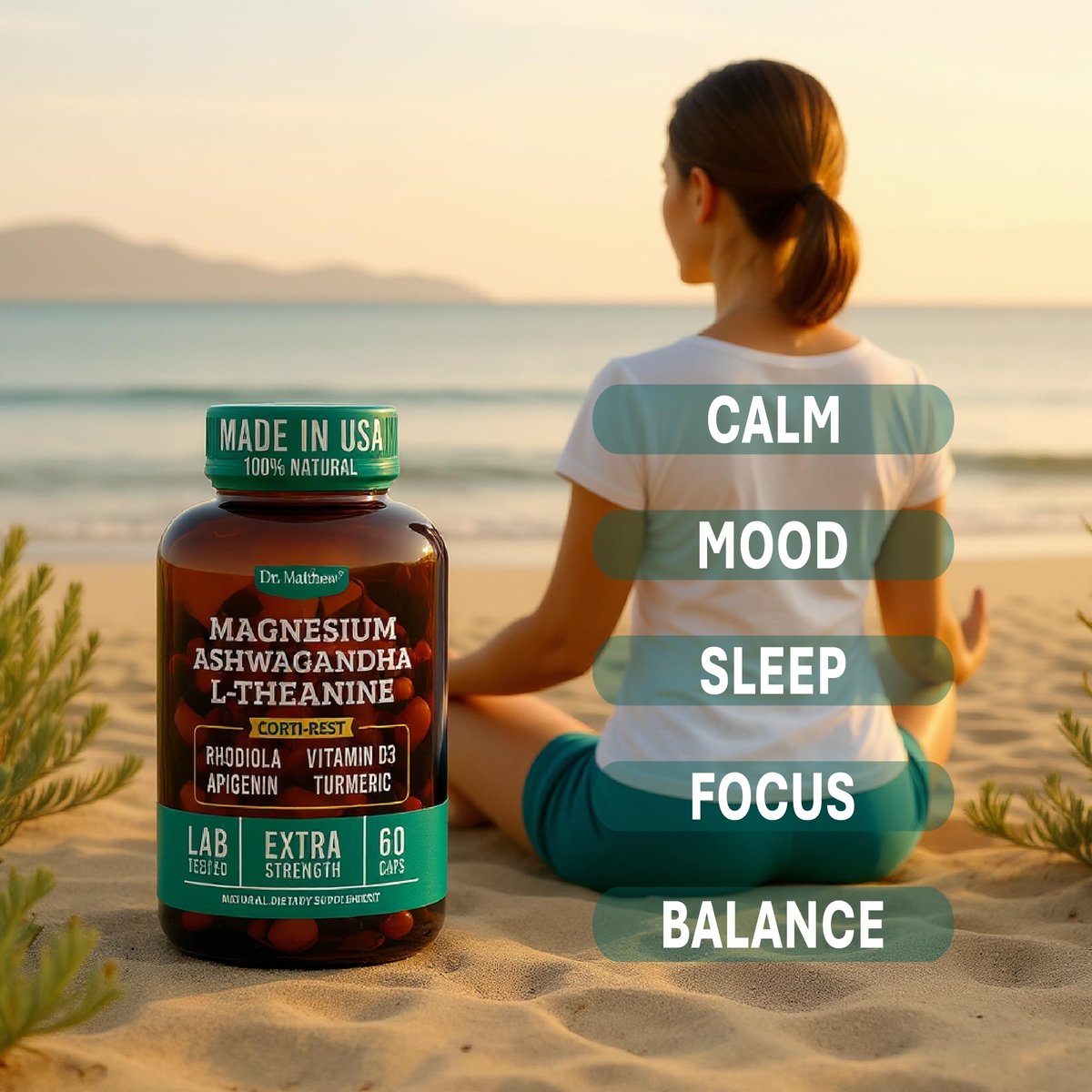 Cortisol Reducer & Adrenal Support Supplement – Natürlicher Stressabbau mit Ashwagandha KSM-66, Magnesiumglycinat & -citrat, L-Theanin, Rhodiola, Apigenin, Kurkuma & Vitamin D3 – Für Ruhe & Entspannung