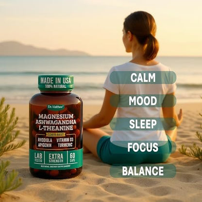 Cortisol Reducer & Adrenal Support Supplement – Natürlicher Stressabbau mit Ashwagandha KSM-66, Magnesiumglycinat & -citrat, L-Theanin, Rhodiola, Apigenin, Kurkuma & Vitamin D3 – Für Ruhe & Entspannung