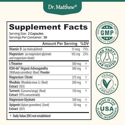 Cortisol Reducer & Adrenal Support Supplement – Natürlicher Stressabbau mit Ashwagandha KSM-66, Magnesiumglycinat & -citrat, L-Theanin, Rhodiola, Apigenin, Kurkuma & Vitamin D3 – Für Ruhe & Entspannung