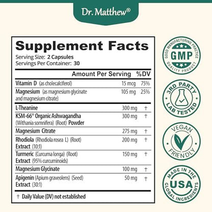 Cortisol Reducer & Adrenal Support Supplement – Natürlicher Stressabbau mit Ashwagandha KSM-66, Magnesiumglycinat & -citrat, L-Theanin, Rhodiola, Apigenin, Kurkuma & Vitamin D3 – Für Ruhe & Entspannung
