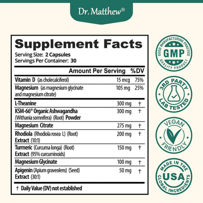 Cortisol Reducer & Adrenal Support Supplement – Natürlicher Stressabbau mit Ashwagandha KSM-66, Magnesiumglycinat & -citrat, L-Theanin, Rhodiola, Apigenin, Kurkuma & Vitamin D3 – Für Ruhe & Entspannung