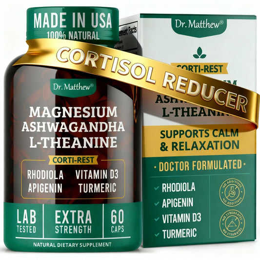 Cortisol Reducer & Adrenal Support Supplement – Natürlicher Stressabbau mit Ashwagandha KSM-66, Magnesiumglycinat & -citrat, L-Theanin, Rhodiola, Apigenin, Kurkuma & Vitamin D3 – Für Ruhe & Entspannung