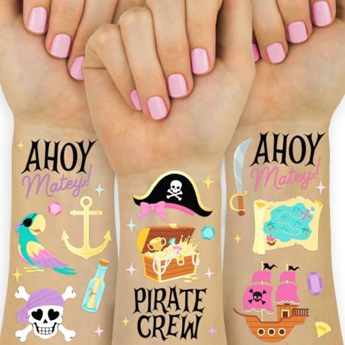 xo, Fetti Pirate Crew Temporäre Tattoos - 48 Goldfolie Stücke | Geburtstagszubehör, Mädchen Schatzsuche Dekorationen, Kinder Ahoy Party-Geschenk, Süßes Rosa Aktivität