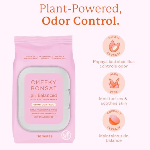 Cheeky Bonsai pH-ausgeglichene Feuchttücher für die Intimhygiene – Beseitigen Gerüche – Sanft zu empfindlicher Haut – Ohne Farbstoffe oder Parabene – Hypoallergen – Gynäkologisch getestet – 30 Tücher