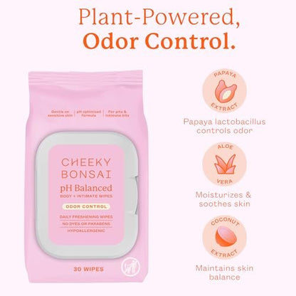 Cheeky Bonsai pH-ausgeglichene Feuchttücher für die Intimhygiene – Beseitigen Gerüche – Sanft zu empfindlicher Haut – Ohne Farbstoffe oder Parabene – Hypoallergen – Gynäkologisch getestet – 30 Tücher