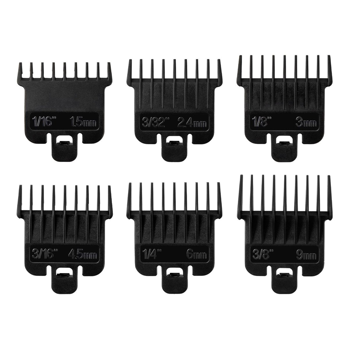 6-teiliger Haarschneidekamm-Aufsatz kompatibel mit Baybliss FX787 und Andis T Outliner G, GO, GTO, ORL, LS2, LS3, PLS, PMT-1, RT-1, SLII, Trimmer Ersatz - 1/16" bis 3/8", Schwarz