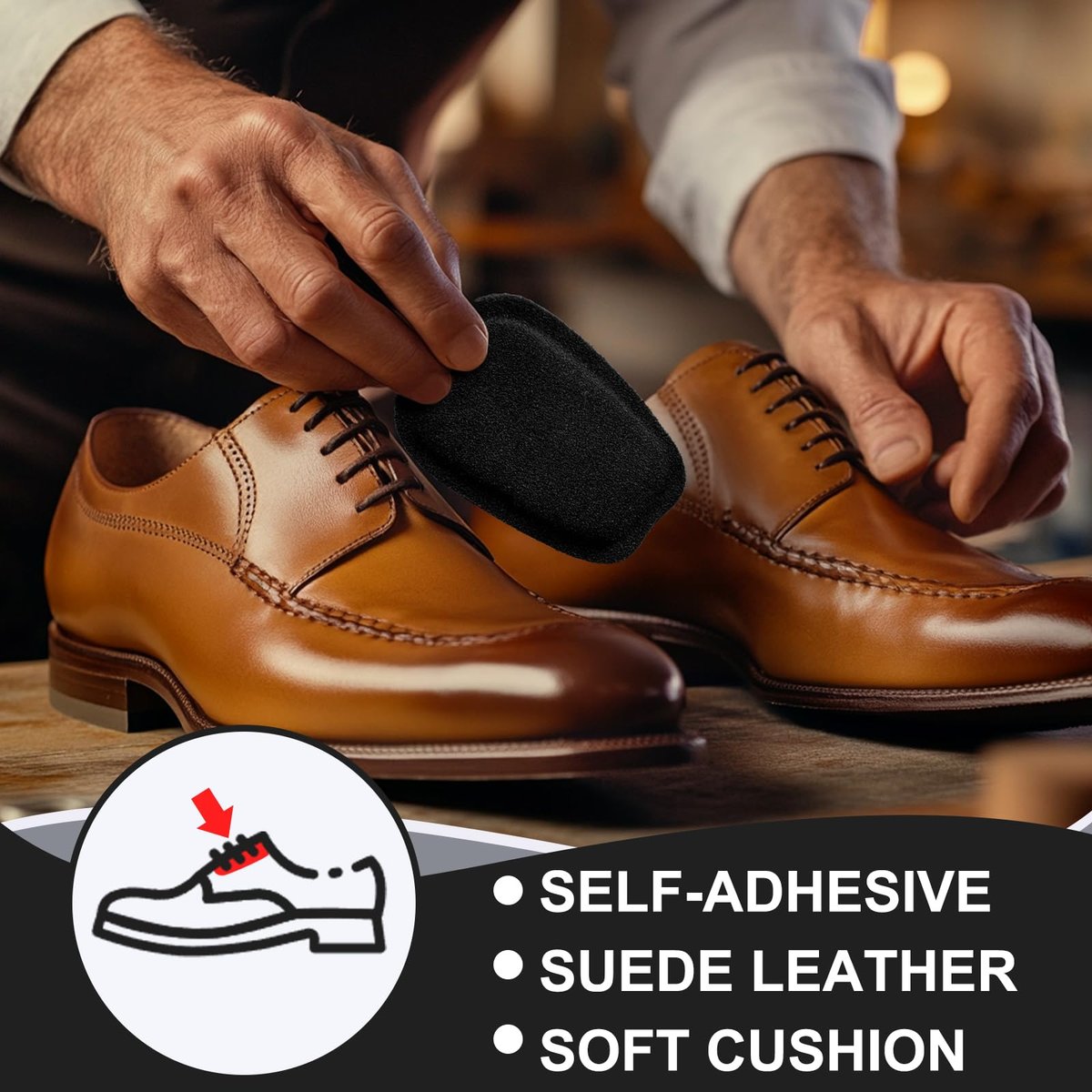 Shyyween 3 Paar Schuhzugenpolster aus weichem Wildleder, selbstklebende Einlagen für Herren und Damen, handgefertigtes elastisches Schaumstoff-Schuhpolster zur Lösung von zu weiten Schuhen (Schwarz, Größe L)