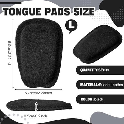 Shyyween 3 Paar Schuhzugenpolster aus weichem Wildleder, selbstklebende Einlagen für Herren und Damen, handgefertigtes elastisches Schaumstoff-Schuhpolster zur Lösung von zu weiten Schuhen (Schwarz, Größe L)