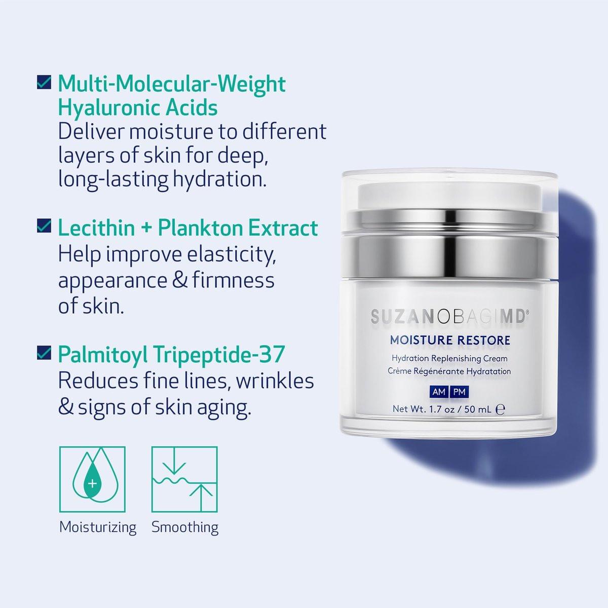 SUZANOBAGIMD Moisture Restore – Medizinische Mehrschicht-Feuchtigkeitspflege gegen Rötungen, langanhaltende Hydratation + Verbesserung von Hauttextur & Festigkeit – Für alle Hauttypen – 50 ml
