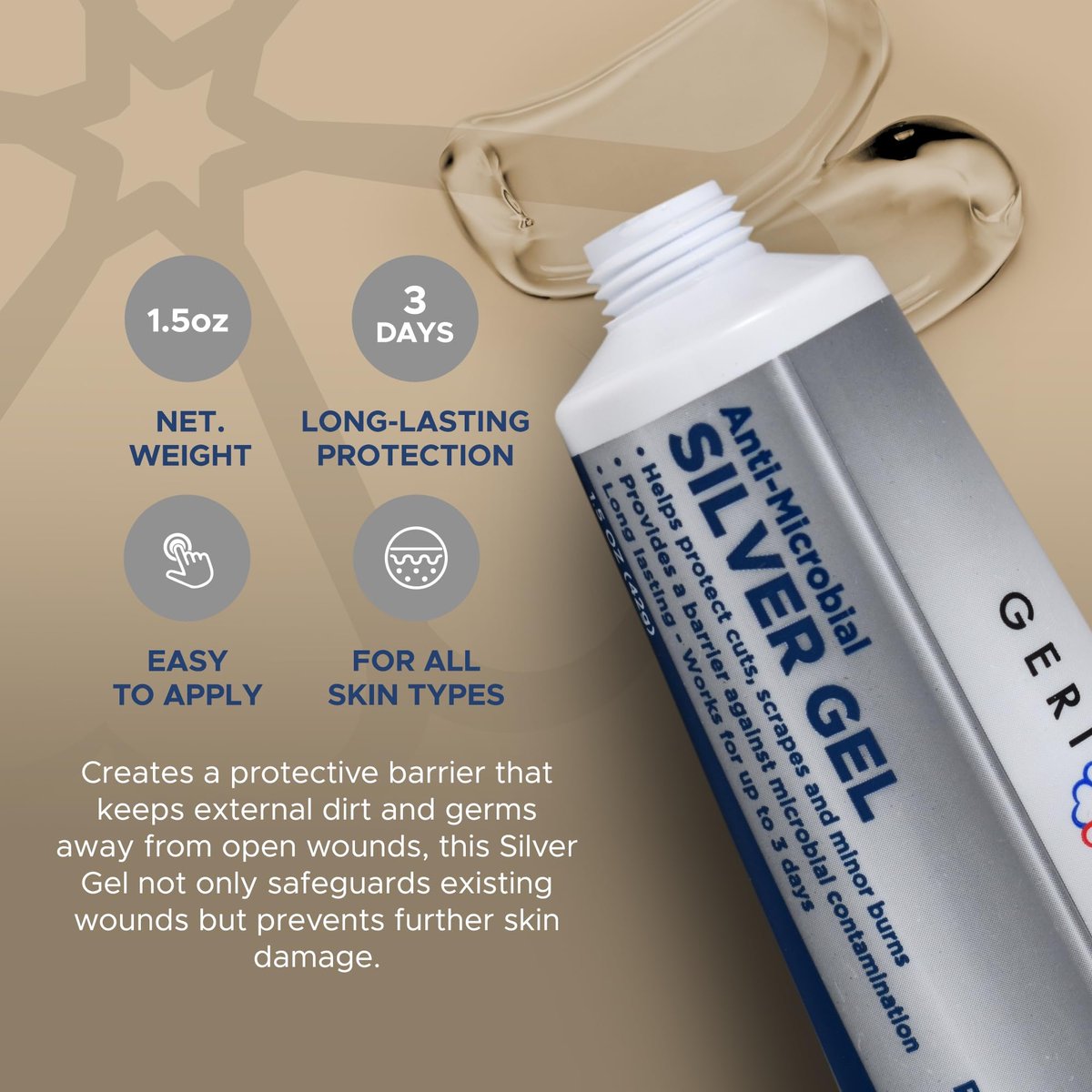 Antimikrobielles Silber-Gel von GeriCare | Wundpflege-Creme für Schnitte, Schrammen und kleinere Verbrennungen | Natürliche topische Hautheilungssalbe | 55 PPM kolloidales Silbergel zur Wundversorgung | Lang anhaltender Schutz | 1,5 oz