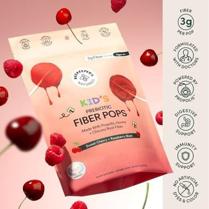 Beekeeper's Naturals Präbiotische Ballaststoff-Lutscher für Kinder - Ärztlich formuliert, 3g Ballaststoffe & Honig, Himbeer-Explosion & Süße Kirsche, 15 Stück