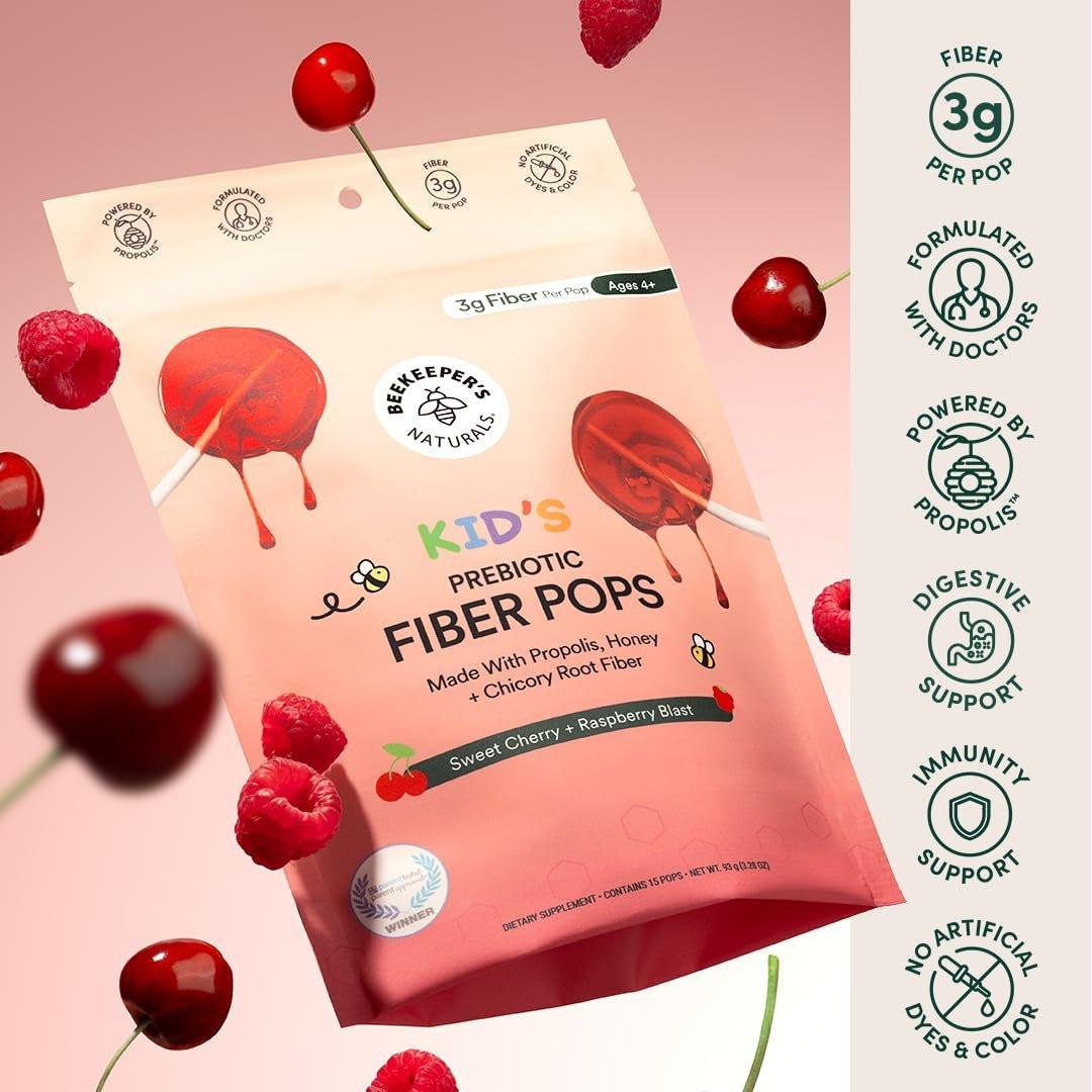 Beekeeper's Naturals Präbiotische Ballaststoff-Lutscher für Kinder - Ärztlich formuliert, 3g Ballaststoffe & Honig, Himbeer-Explosion & Süße Kirsche, 15 Stück