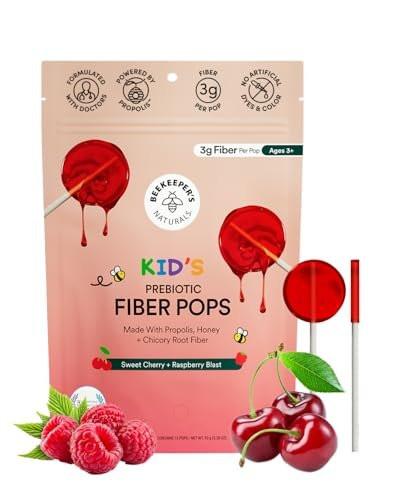 Beekeeper's Naturals Präbiotische Ballaststoff-Lutscher für Kinder - Ärztlich formuliert, 3g Ballaststoffe & Honig, Himbeer-Explosion & Süße Kirsche, 15 Stück