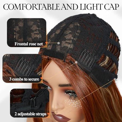 WIGER Lange Layered Auburn Haarbraun Ombre Perücke Gerade Kupferrot Cosplay Vollperücke für Damen Synthetisch Farbenfroh Keine Spitze für Alltag oder Kostüme