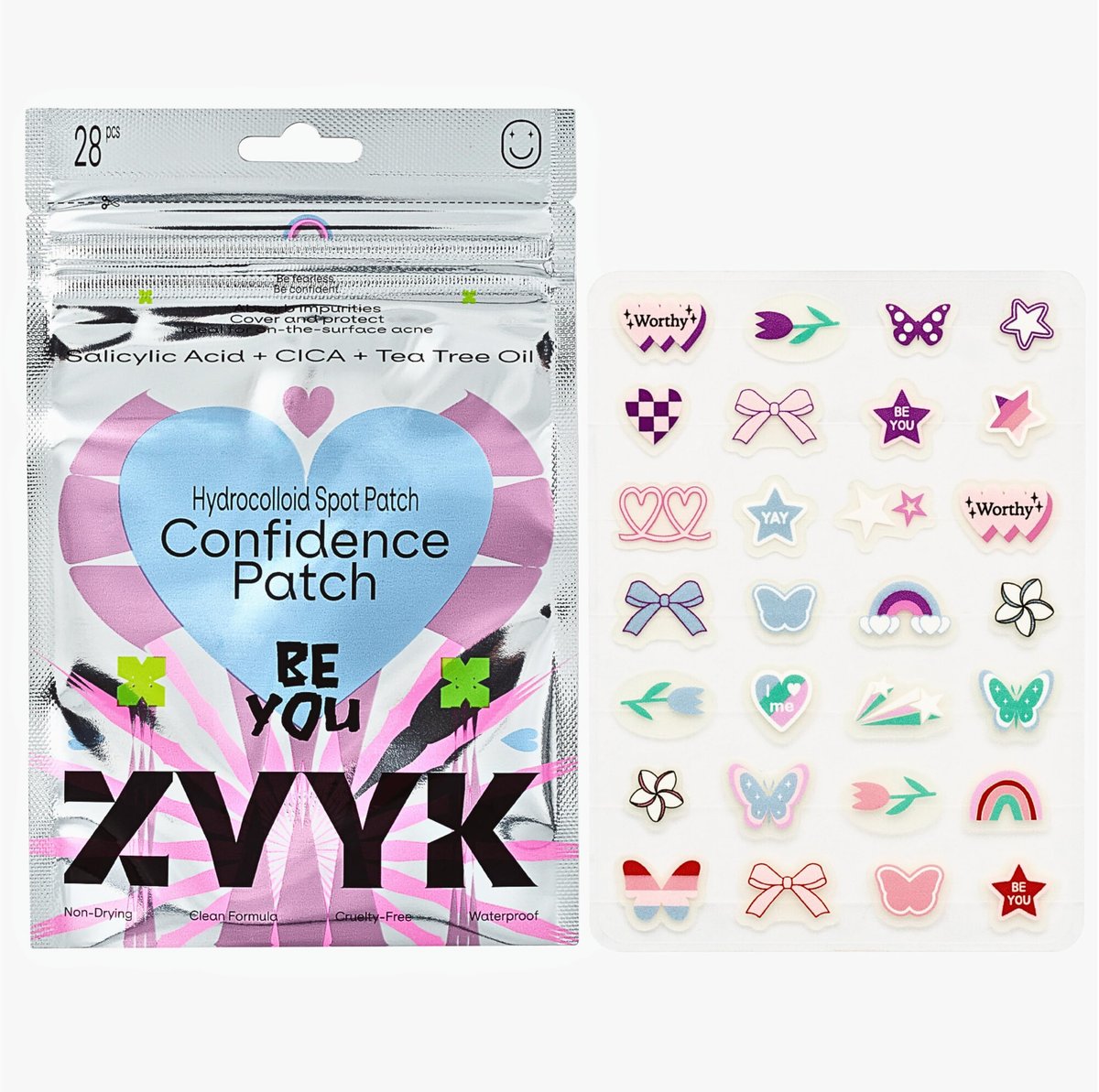 ZVYK Pimple Patches Cute für das Gesicht (28 einzigartige Akne-Patch-Designs) | Hydrokolloid, Salicylsäure, Teebaum | Starke Haftung, wasserdicht, vegan | Confidence Patch Be You