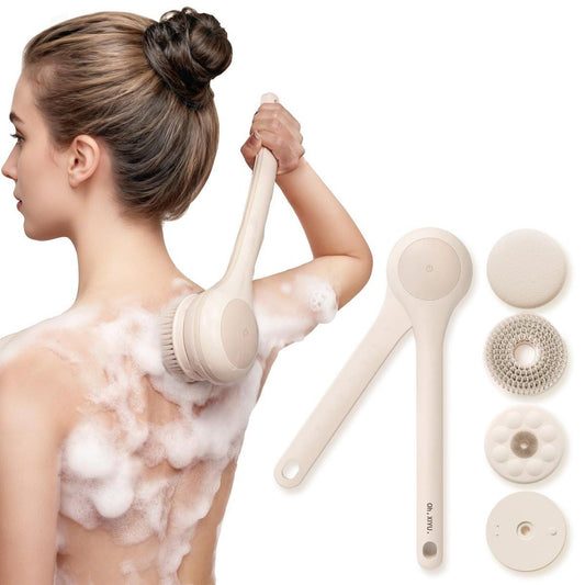Oh,XIYU. Elektrische Körperbürste für die Dusche – Wasserdichte lange Doppelgriff-Rückenbürste mit 3 Aufsätzen, 2 Geschwindigkeiten für Reinigung, Peeling und Massage, Chrysanth Pink
