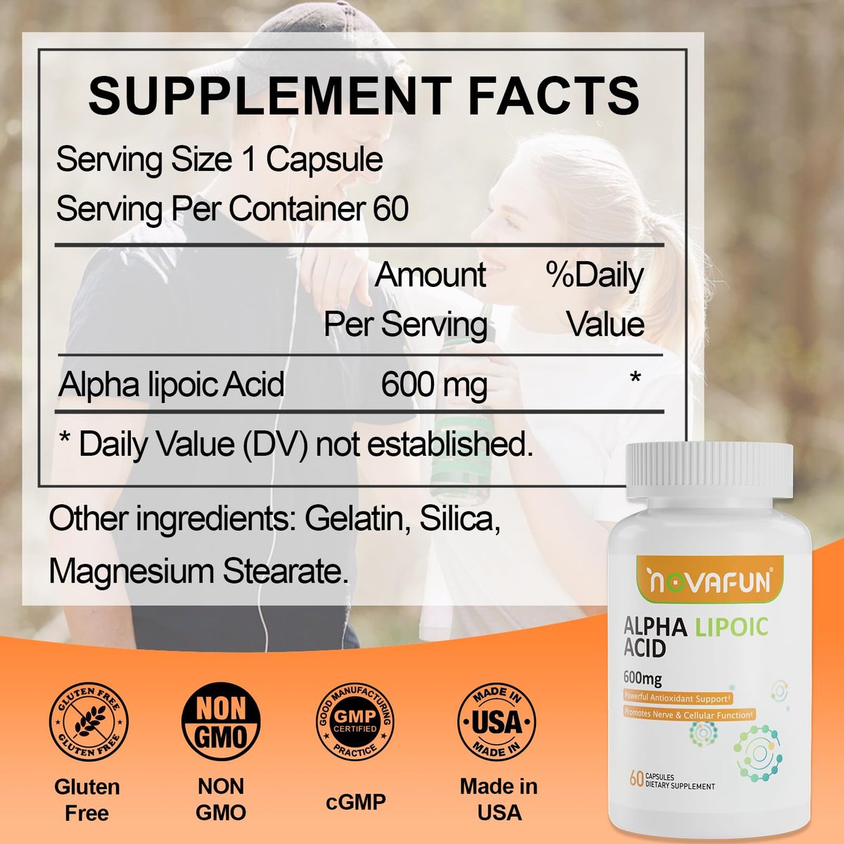 Novafun Alpha-Liponsäure 600mg Kapseln – ALA Nahrungsergänzungsmittel für Nervengesundheit, Antioxidans-Unterstützung & Zelluläre Energie, 60 Kapseln, Nicht-GVO, Glutenfrei