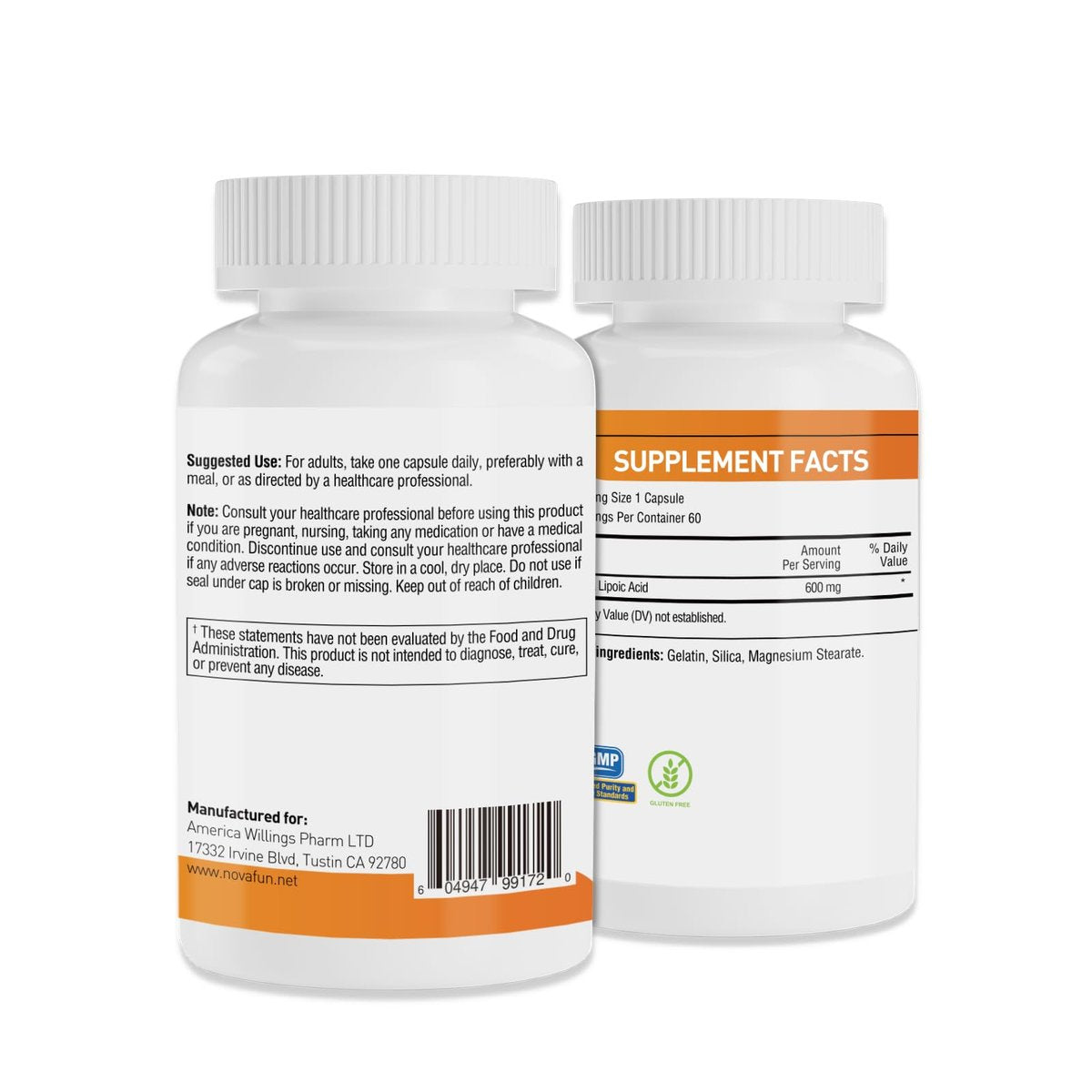 Novafun Alpha-Liponsäure 600mg Kapseln – ALA Nahrungsergänzungsmittel für Nervengesundheit, Antioxidans-Unterstützung & Zelluläre Energie, 60 Kapseln, Nicht-GVO, Glutenfrei