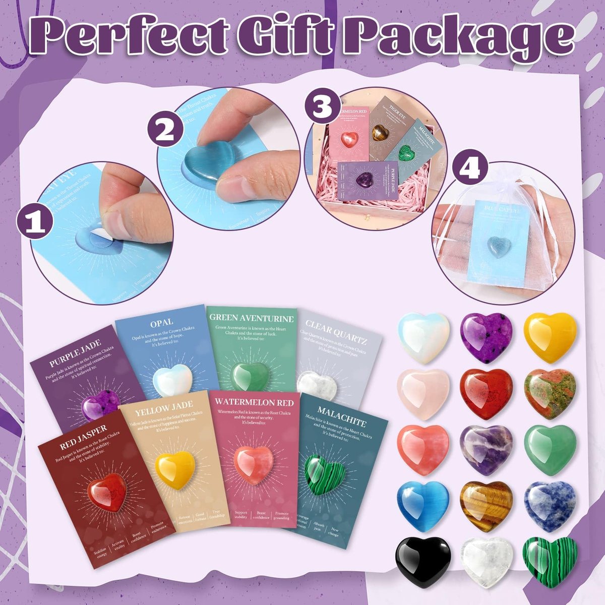15er Set Herzförmige Kristalle und Heilsteine, 0,8 Zoll Natürliche Polierte Herzförmige Edelsteine mit Bedeutungs-Karten für Meditation, Chakra-Balance, Reiki, Spirituelle Geschenke zum Valentinstag und Muttertag