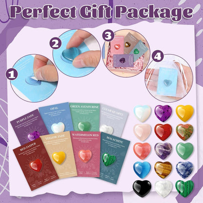 15er Set Herzförmige Kristalle und Heilsteine, 0,8 Zoll Natürliche Polierte Herzförmige Edelsteine mit Bedeutungs-Karten für Meditation, Chakra-Balance, Reiki, Spirituelle Geschenke zum Valentinstag und Muttertag