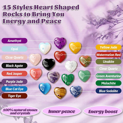15er Set Herzförmige Kristalle und Heilsteine, 0,8 Zoll Natürliche Polierte Herzförmige Edelsteine mit Bedeutungs-Karten für Meditation, Chakra-Balance, Reiki, Spirituelle Geschenke zum Valentinstag und Muttertag