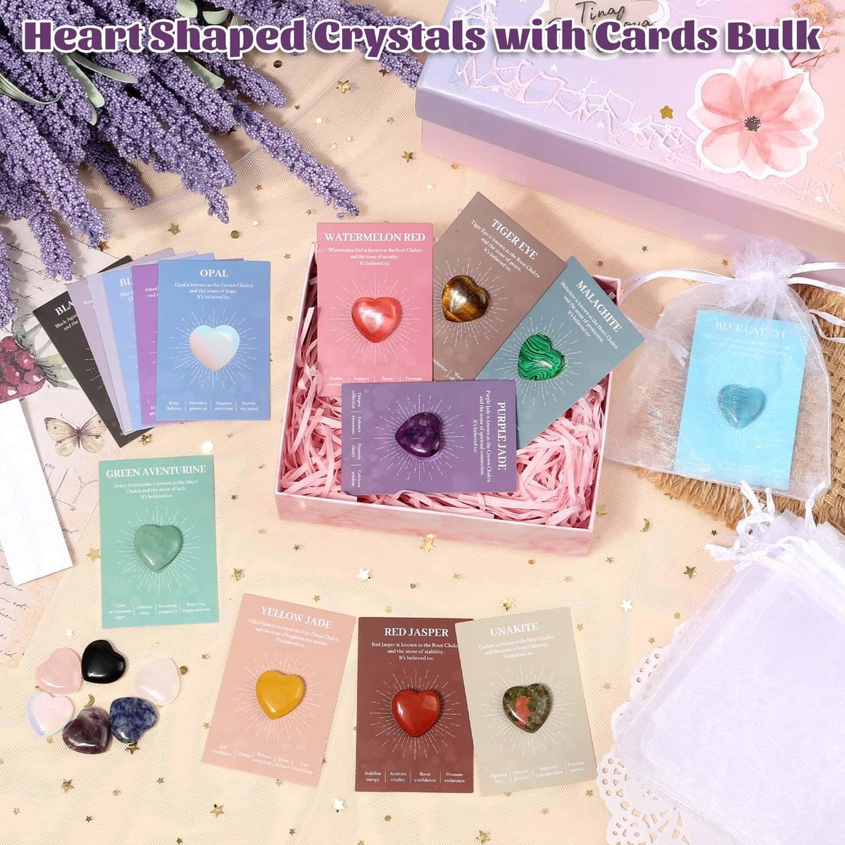 15er Set Herzförmige Kristalle und Heilsteine, 0,8 Zoll Natürliche Polierte Herzförmige Edelsteine mit Bedeutungs-Karten für Meditation, Chakra-Balance, Reiki, Spirituelle Geschenke zum Valentinstag und Muttertag