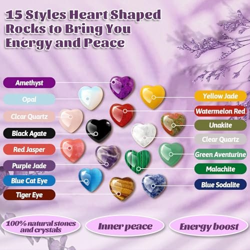 15er Set Herzförmige Kristalle und Heilsteine, 0,8 Zoll Natürliche Polierte Herzförmige Edelsteine mit Bedeutungs-Karten für Meditation, Chakra-Balance, Reiki, Spirituelle Geschenke zum Valentinstag und Muttertag
