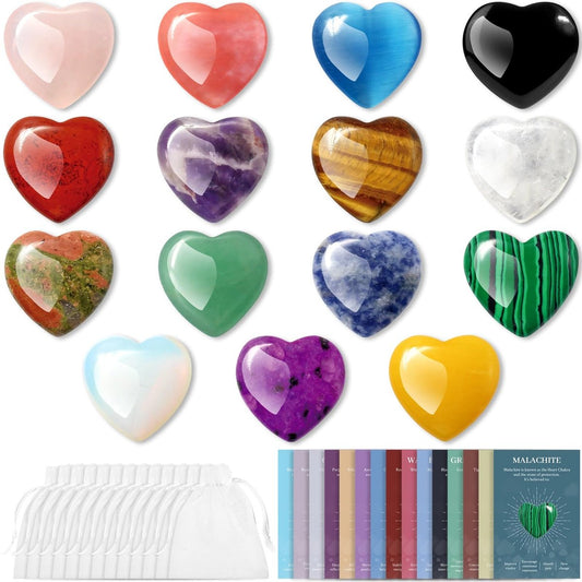 15er Set Herzförmige Kristalle und Heilsteine, 0,8 Zoll Natürliche Polierte Herzförmige Edelsteine mit Bedeutungs-Karten für Meditation, Chakra-Balance, Reiki, Spirituelle Geschenke zum Valentinstag und Muttertag