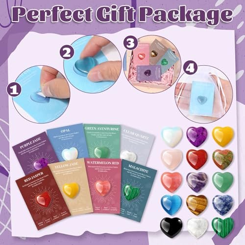 15er Set Herzförmige Kristalle und Heilsteine, 0,8 Zoll Natürliche Polierte Herzförmige Edelsteine mit Bedeutungs-Karten für Meditation, Chakra-Balance, Reiki, Spirituelle Geschenke zum Valentinstag und Muttertag