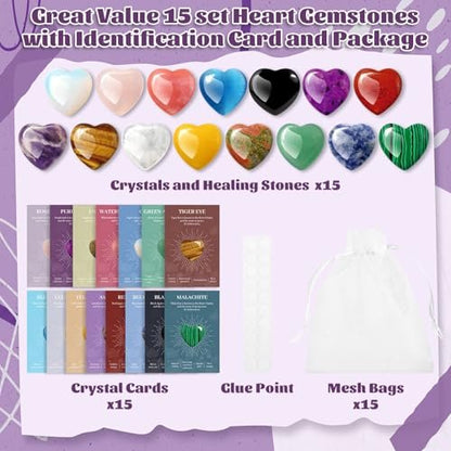 15er Set Herzförmige Kristalle und Heilsteine, 0,8 Zoll Natürliche Polierte Herzförmige Edelsteine mit Bedeutungs-Karten für Meditation, Chakra-Balance, Reiki, Spirituelle Geschenke zum Valentinstag und Muttertag