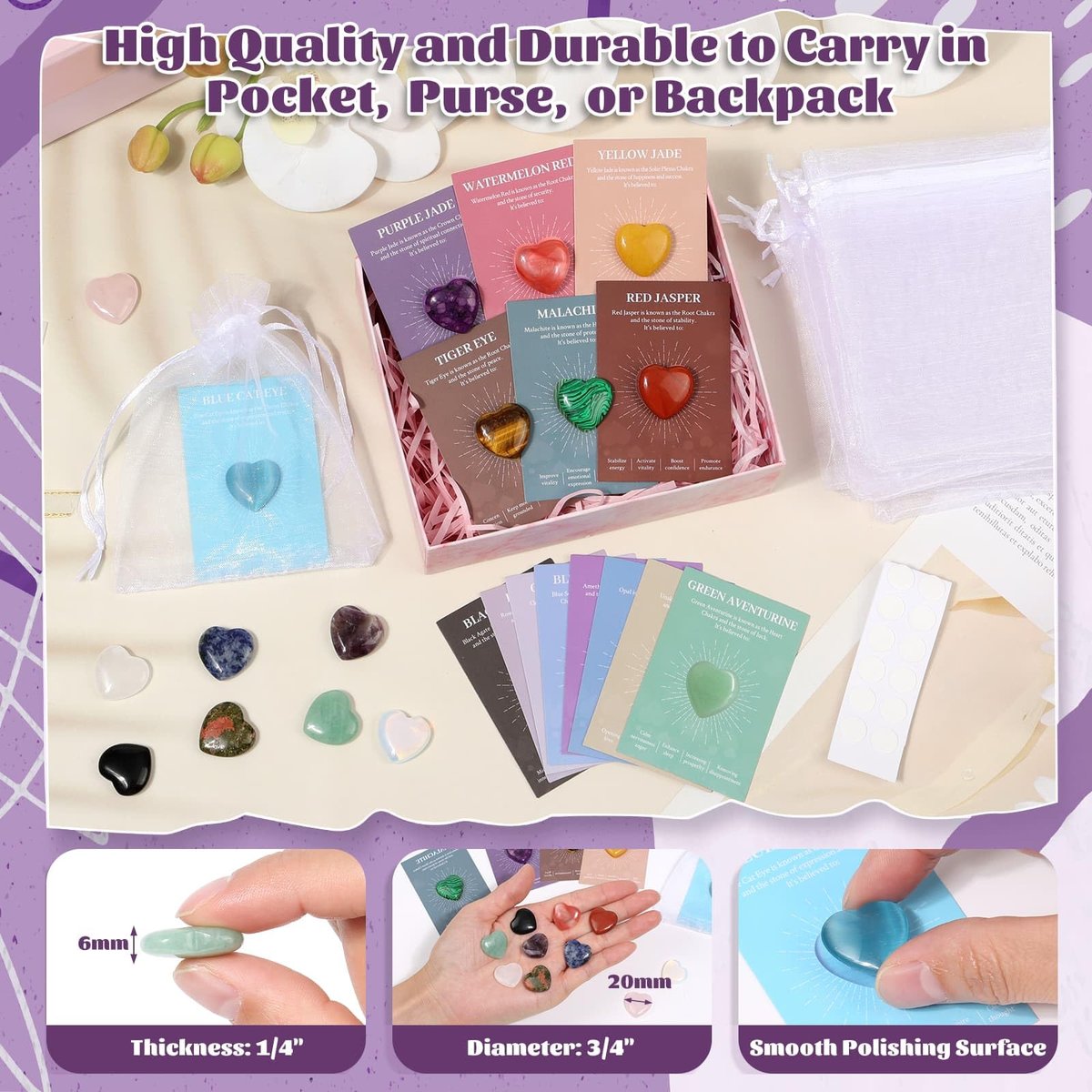 15er Set Herzförmige Kristalle und Heilsteine, 0,8 Zoll Natürliche Polierte Herzförmige Edelsteine mit Bedeutungs-Karten für Meditation, Chakra-Balance, Reiki, Spirituelle Geschenke zum Valentinstag und Muttertag
