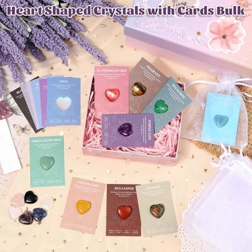 15er Set Herzförmige Kristalle und Heilsteine, 0,8 Zoll Natürliche Polierte Herzförmige Edelsteine mit Bedeutungs-Karten für Meditation, Chakra-Balance, Reiki, Spirituelle Geschenke zum Valentinstag und Muttertag