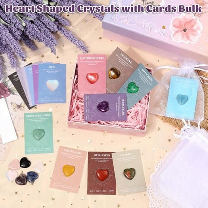 15er Set Herzförmige Kristalle und Heilsteine, 0,8 Zoll Natürliche Polierte Herzförmige Edelsteine mit Bedeutungs-Karten für Meditation, Chakra-Balance, Reiki, Spirituelle Geschenke zum Valentinstag und Muttertag