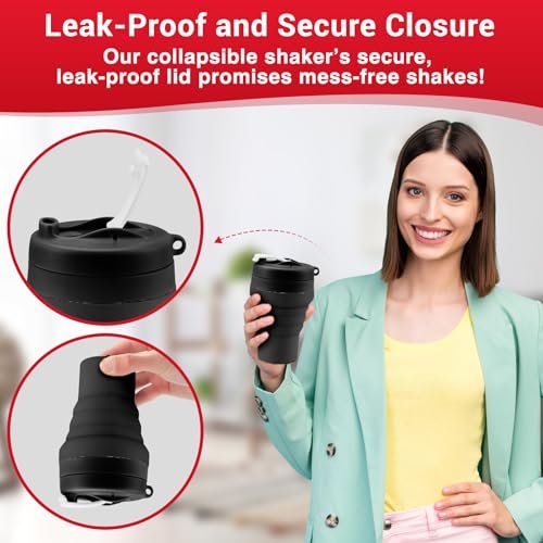 Tilcore Klappbarer Proteinshaker & Wasserflasche aus lebensmittelechtem Silikon, auslaufsicherer Deckel, 600 ml/20 oz Shaker-Becher – Wiederverwendbarer Silikon-Shaker für Proteinshakes mit Mixkugel für Fitnessstudio und Reisen