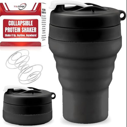 Tilcore Klappbarer Proteinshaker & Wasserflasche aus lebensmittelechtem Silikon, auslaufsicherer Deckel, 600 ml/20 oz Shaker-Becher – Wiederverwendbarer Silikon-Shaker für Proteinshakes mit Mixkugel für Fitnessstudio und Reisen