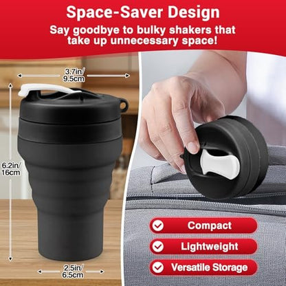 Tilcore Klappbarer Proteinshaker & Wasserflasche aus lebensmittelechtem Silikon, auslaufsicherer Deckel, 600 ml/20 oz Shaker-Becher – Wiederverwendbarer Silikon-Shaker für Proteinshakes mit Mixkugel für Fitnessstudio und Reisen