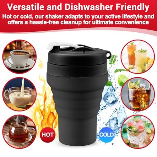 Tilcore Klappbarer Proteinshaker & Wasserflasche aus lebensmittelechtem Silikon, auslaufsicherer Deckel, 600 ml/20 oz Shaker-Becher – Wiederverwendbarer Silikon-Shaker für Proteinshakes mit Mixkugel für Fitnessstudio und Reisen