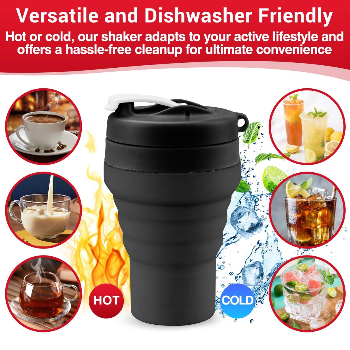 Tilcore Klappbarer Proteinshaker & Wasserflasche aus lebensmittelechtem Silikon, auslaufsicherer Deckel, 600 ml/20 oz Shaker-Becher – Wiederverwendbarer Silikon-Shaker für Proteinshakes mit Mixkugel für Fitnessstudio und Reisen