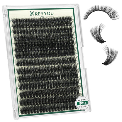KEYYOU LASH Wimpern-Cluster 3D-Effekt 280 Stück 80D D Curl 9-18mm Mischung Natürliche Wispy Lashes für DIY Wimpernverlängerung